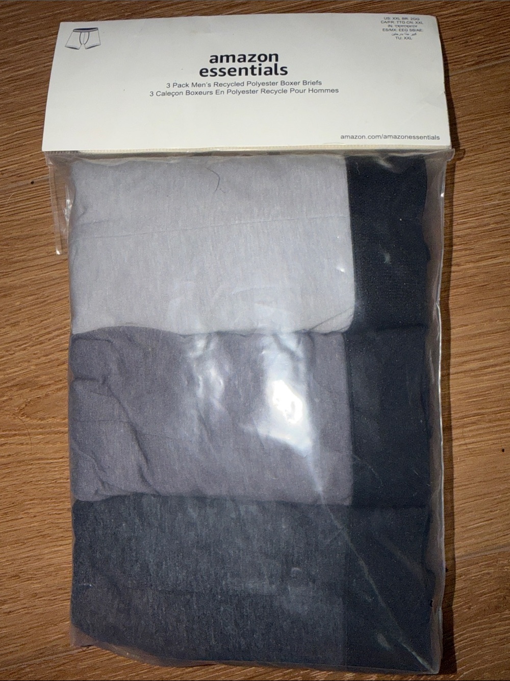 Amazon Essentials Men's 3-Pack Boxer Briefs - Light Gray, Dark Gray & Black-XXL